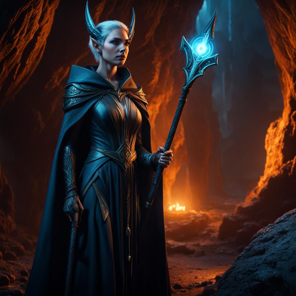 Elf Sorceress Conjuring Magic in a Cavern