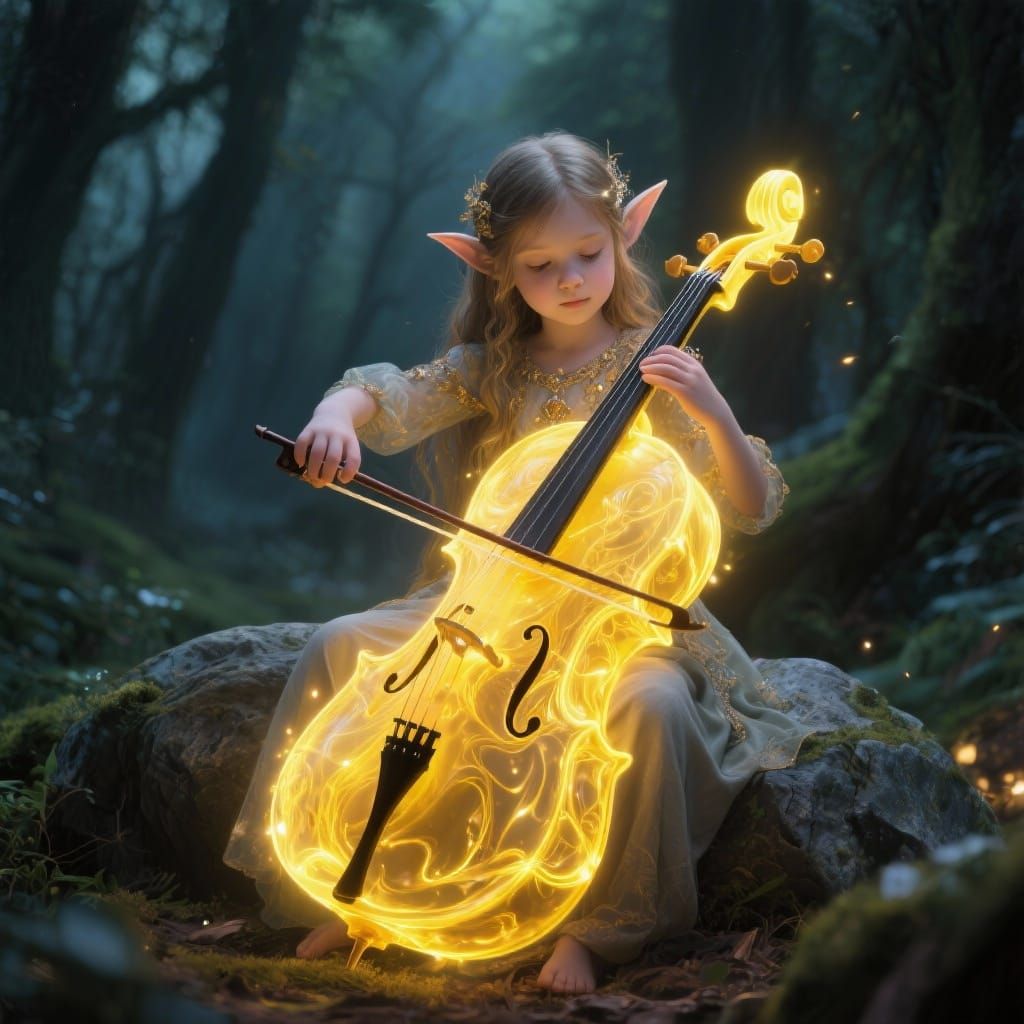Elven girl playing a magical construct shaped like a cello
