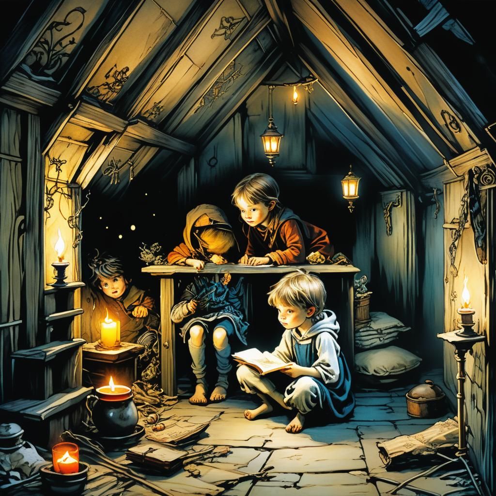 Siblings in Attic Hiding, Storybook Illustration