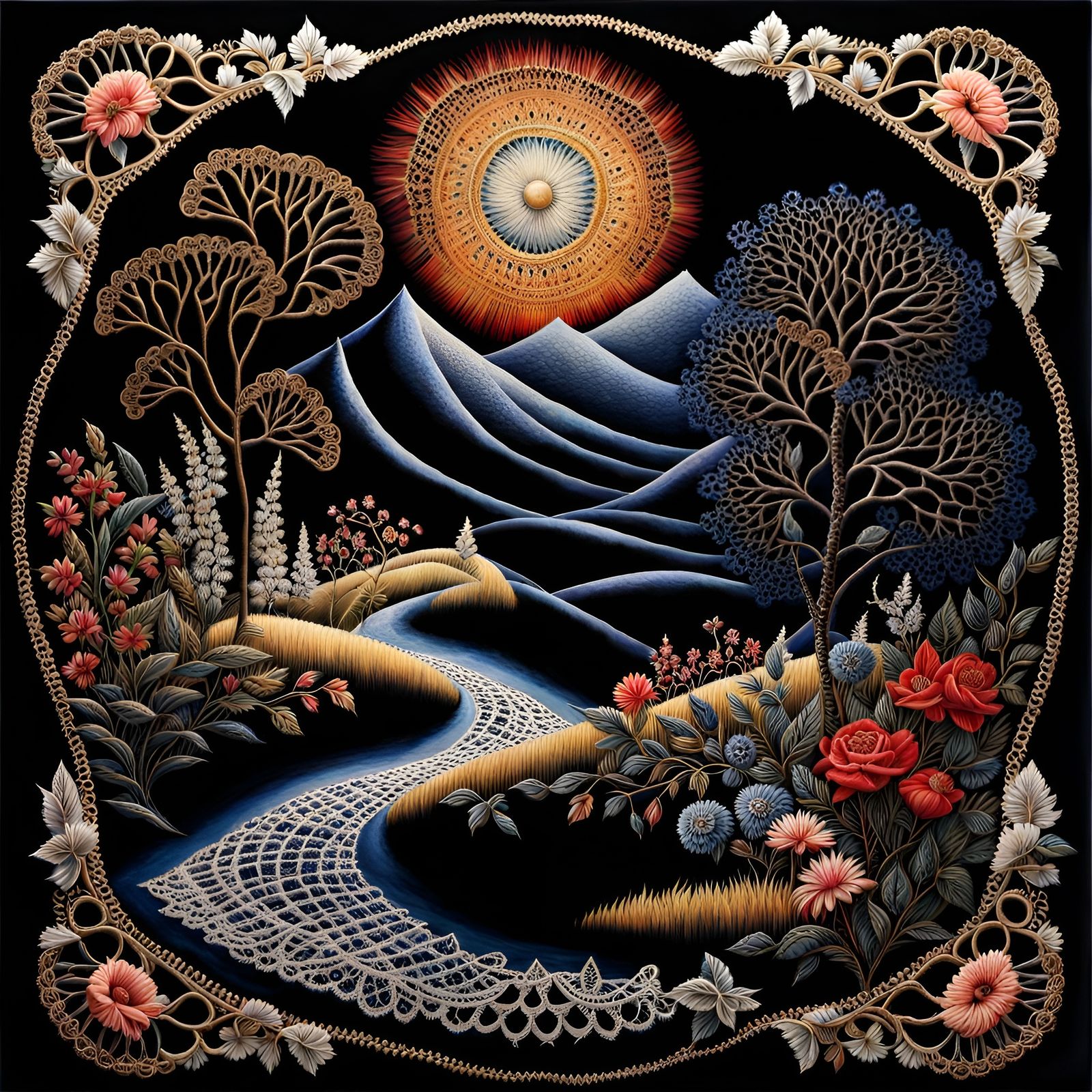 Lace Masterpiece: "European Landscape"
embroidered guipure lace :: Composition: centered, with free space from...