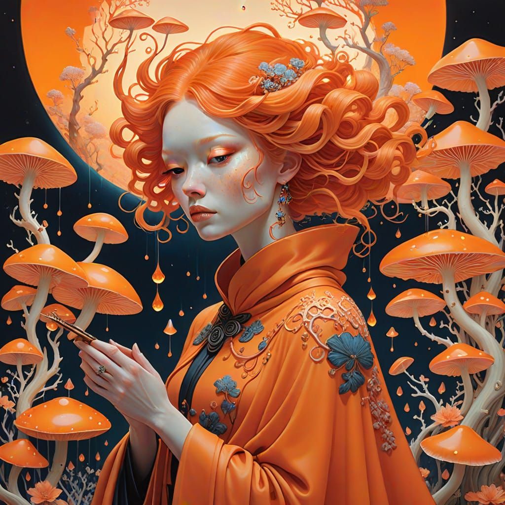 Ethereal Orange Goddess in Dreamlike Landscape
