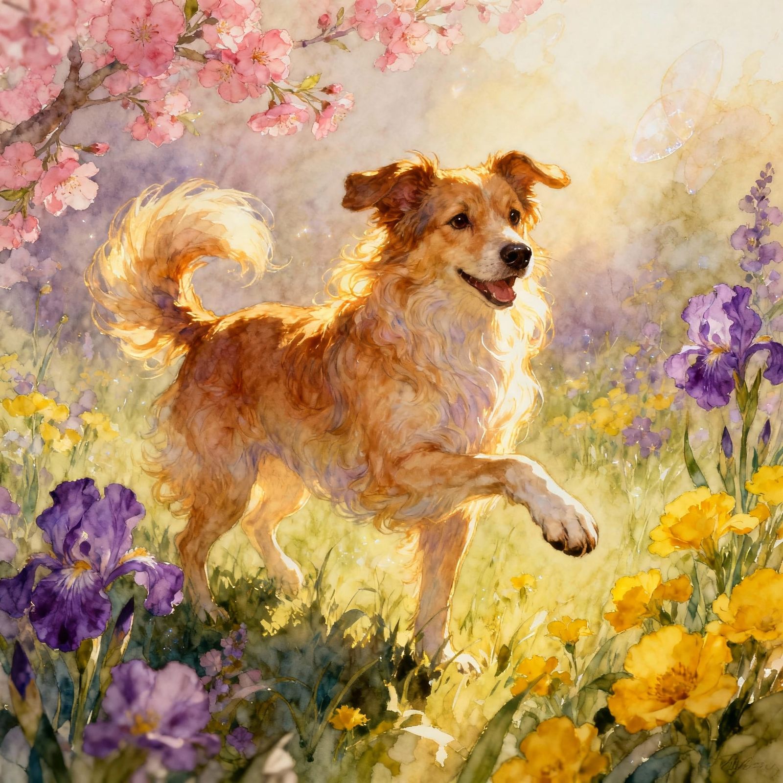 Whimsical Spring Dog Portrait with Flowers in Chiaroscuro St...