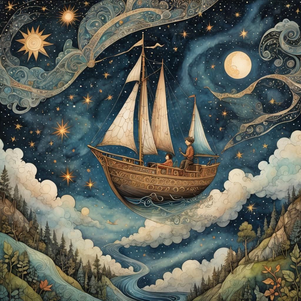 Boy Sailing Sky-Boat: Surreal Folk Art Image