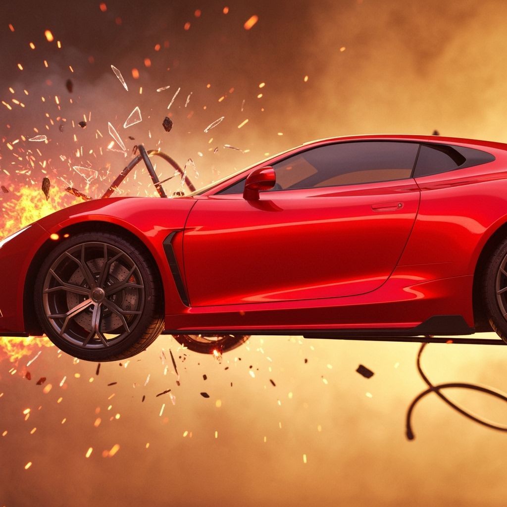 Fiery Crash Scene: Red Sports Car in Dystopian Realism