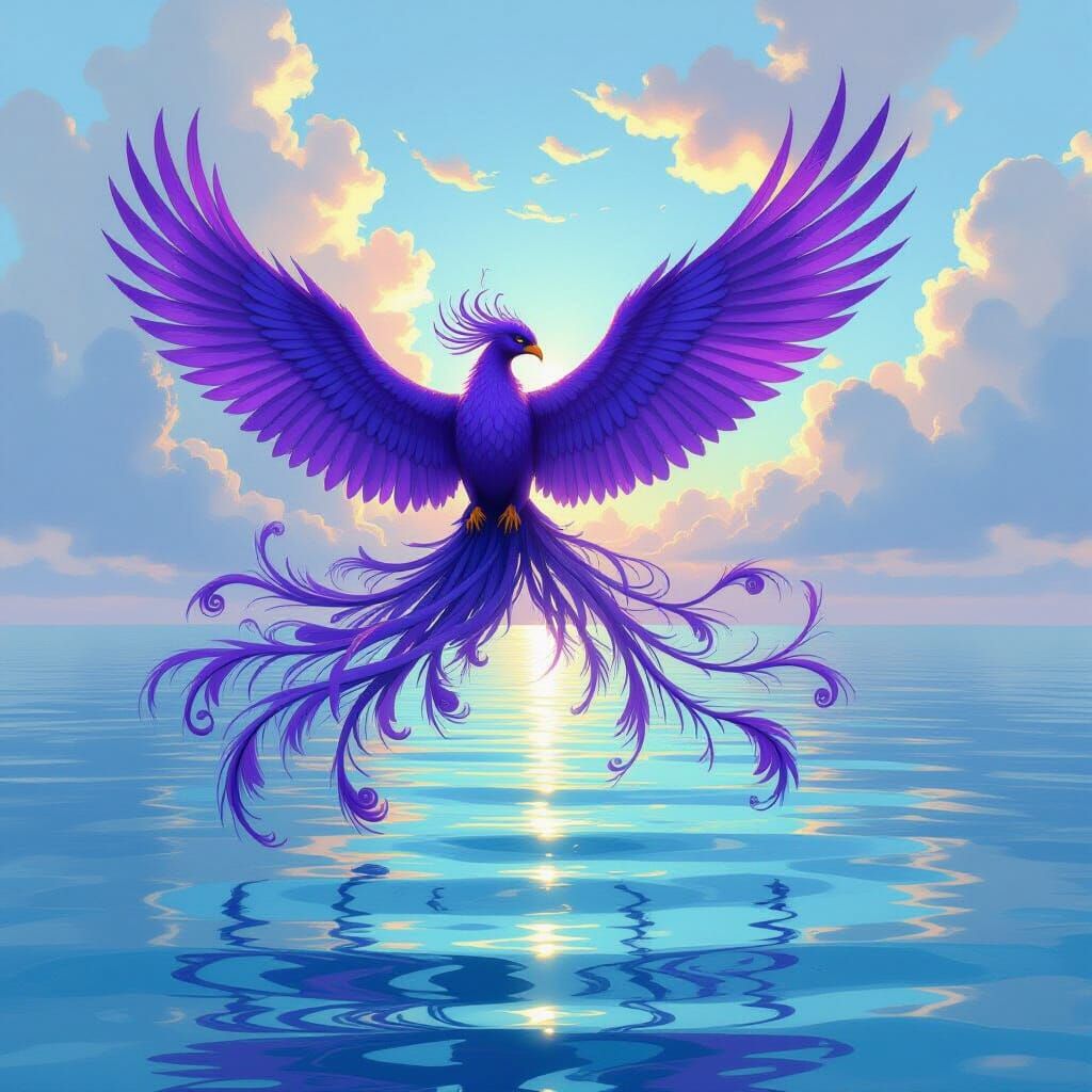 Purple Phoenix Soars Over Calm Ocean in Whimsical Style