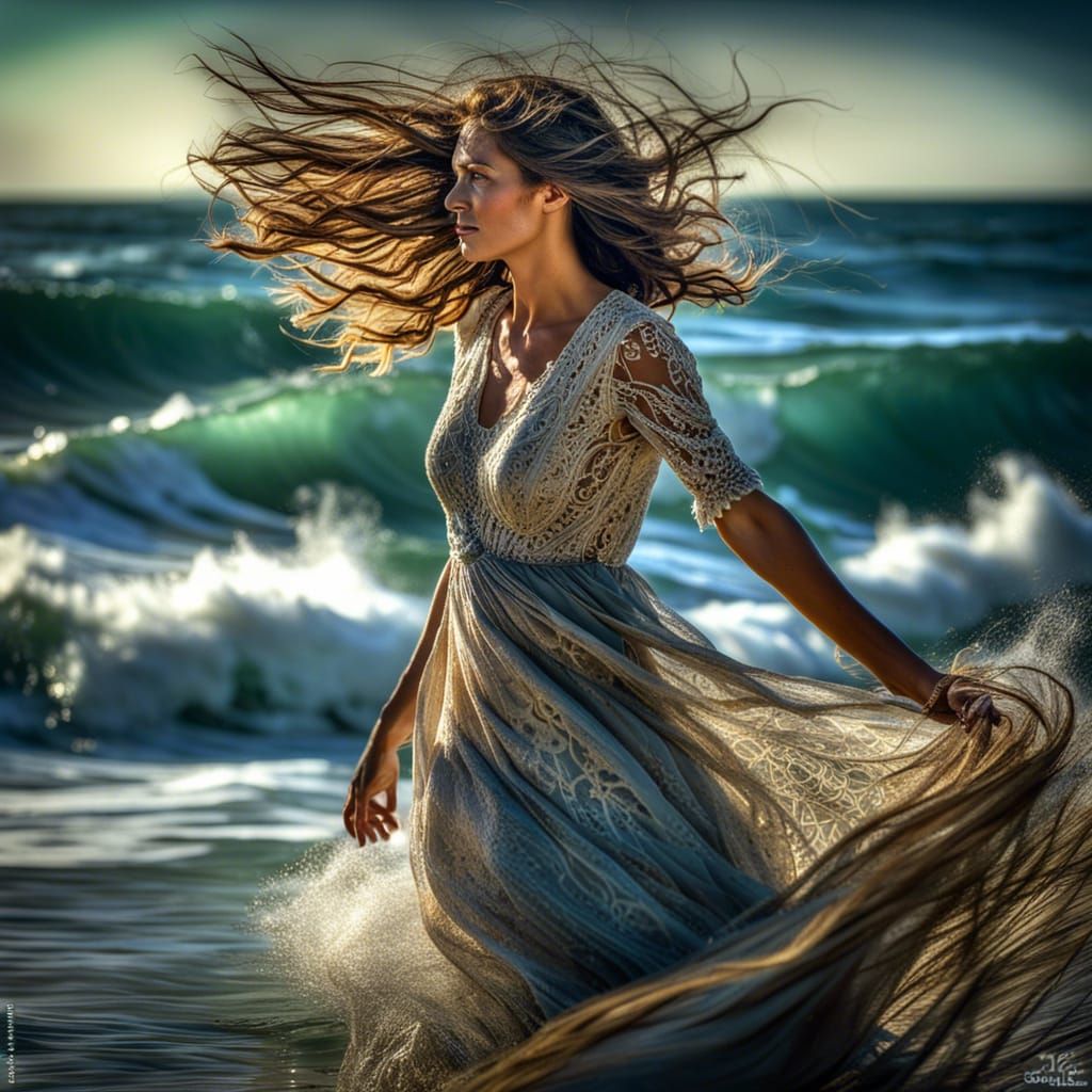 Sunset Beach Woman in Flowing Dress