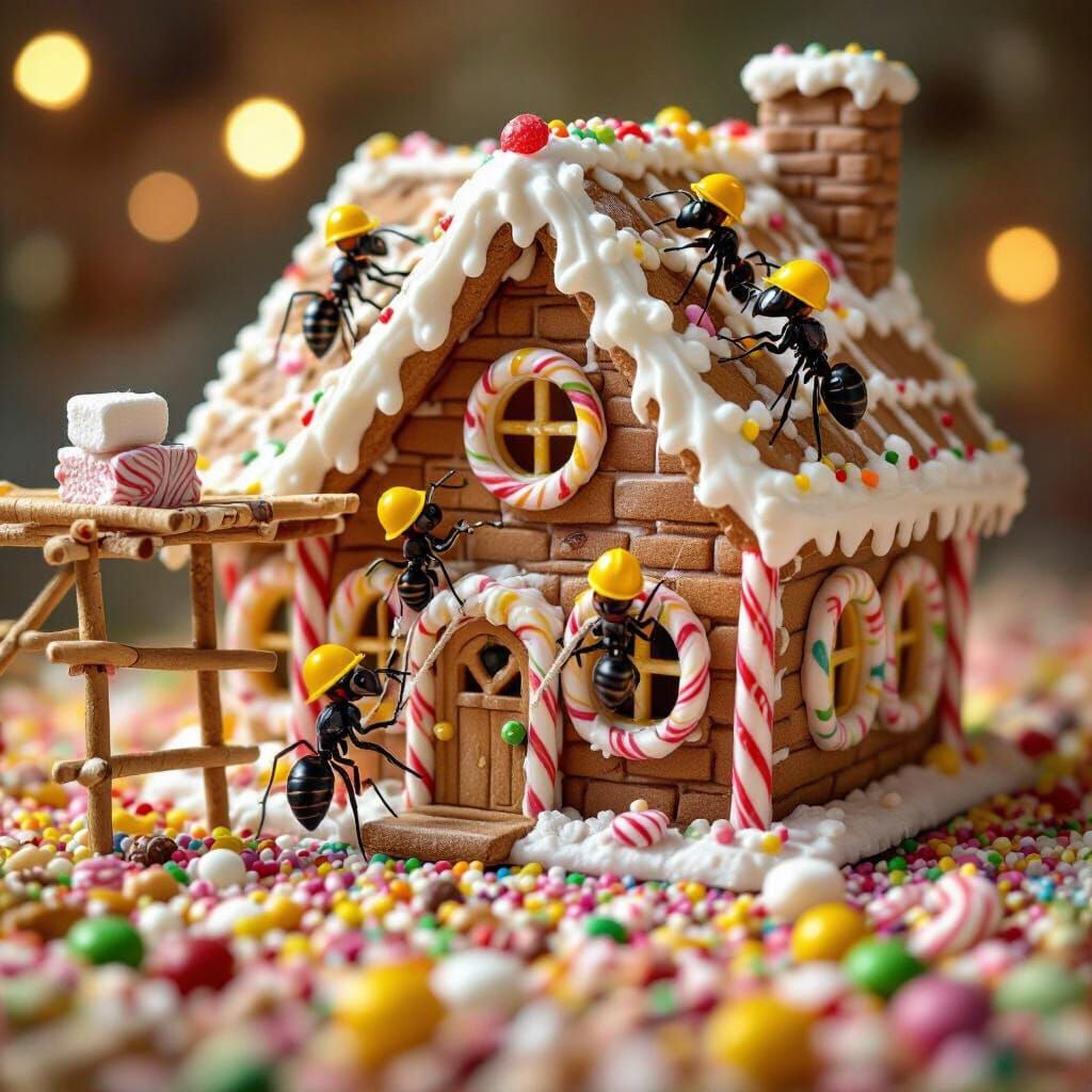 Ants Build Gingerbread House: Macro Photo
