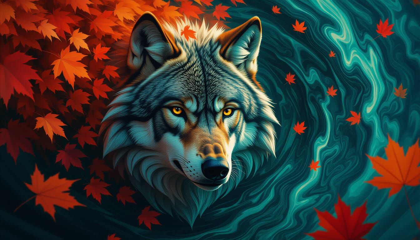Wolf Face Transforms into Autumn Leaves Vortex