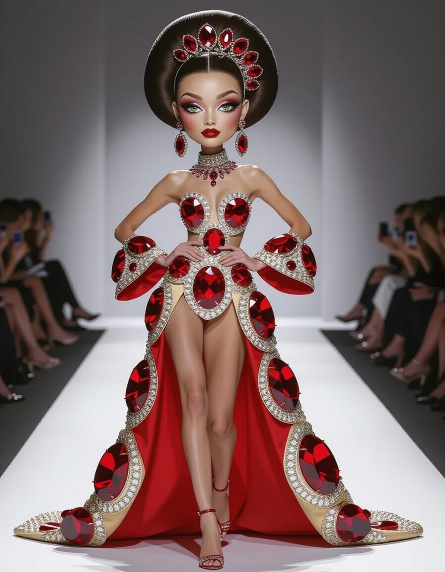 Playful Fashion Model Caricature with Long Legs and Ruby Jew...