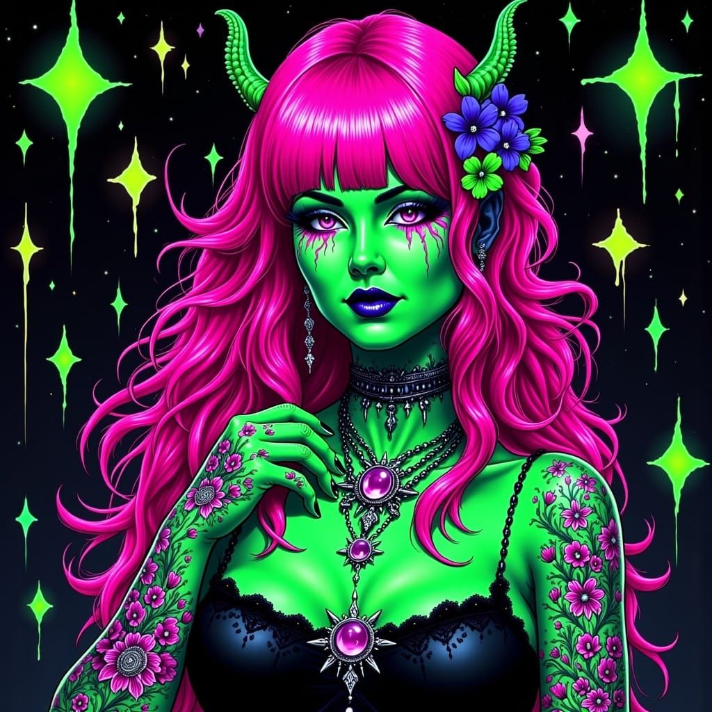 Goth Woman with Neon Tattoos in Alcohol Ink Style
