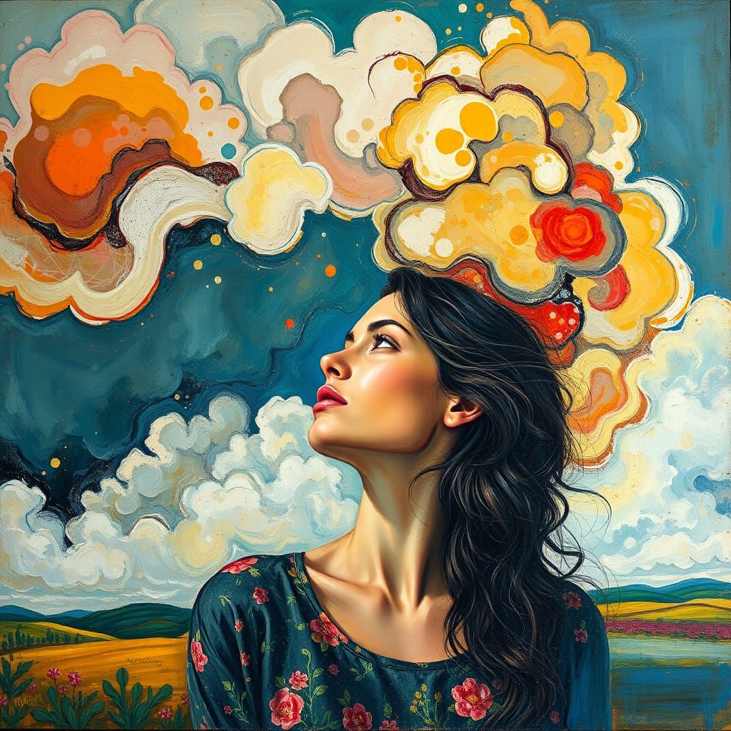 Woman in Abstract Cloudscape, Mixed Media Art