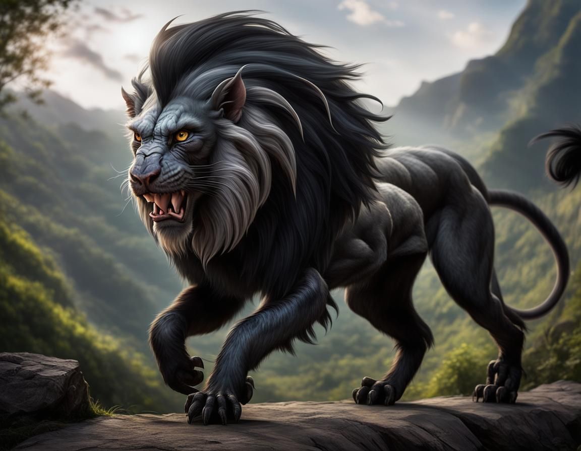 A grey and black lion