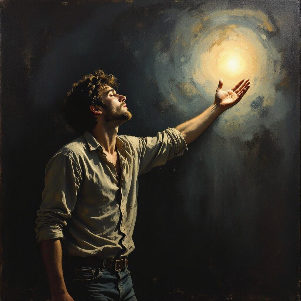 Sorrowful Man Reaches for Light in the Darkness