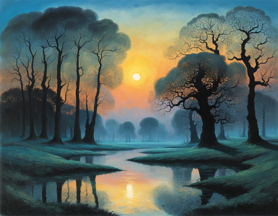 Dusk Landscape with Majestic Oak Trees and Serene Lake