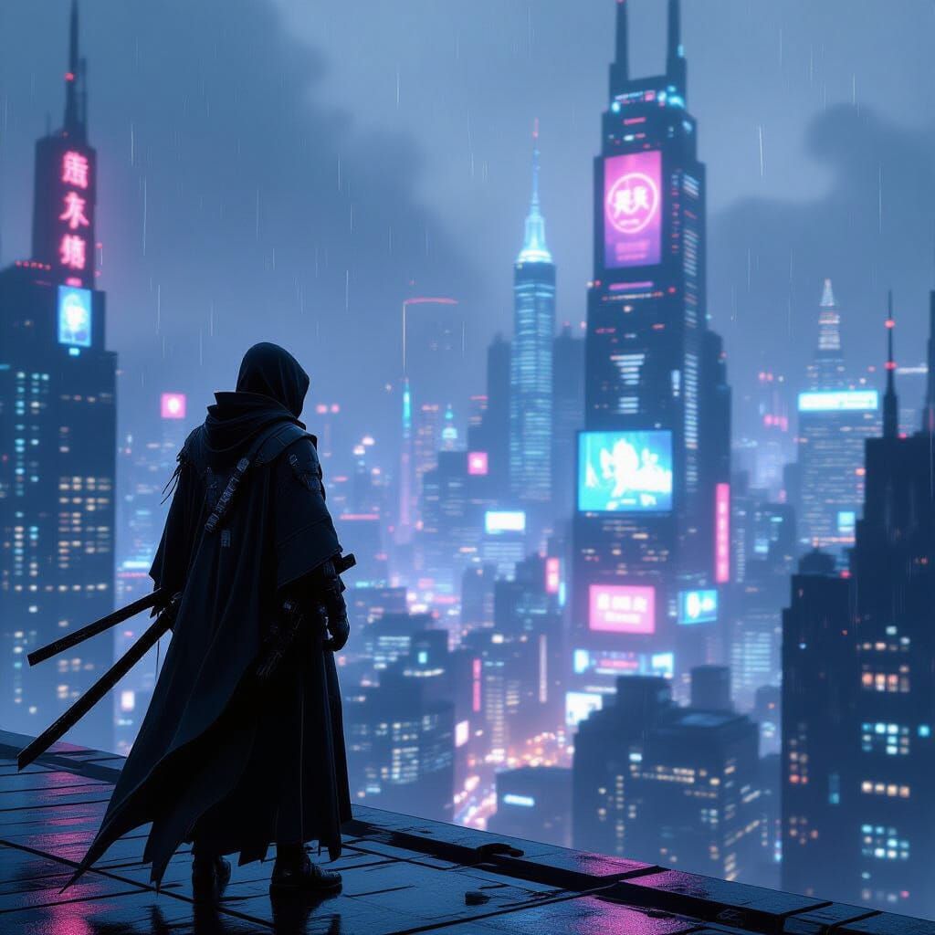 Cyberpunk Ninja on Rooftop Overlooking Neon City