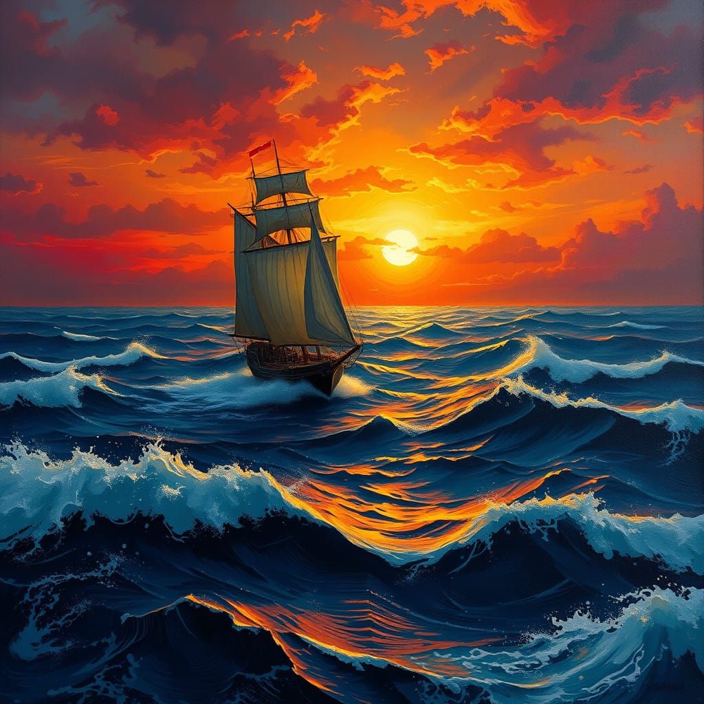 Majestic Sailing Vessel Glides Across Turbulent Ocean in Sun...