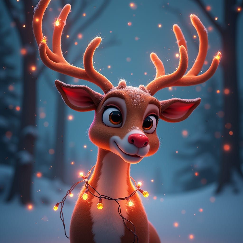 Joyful Christmas Reindeer with Sparkling Red Nose and Twinkl...