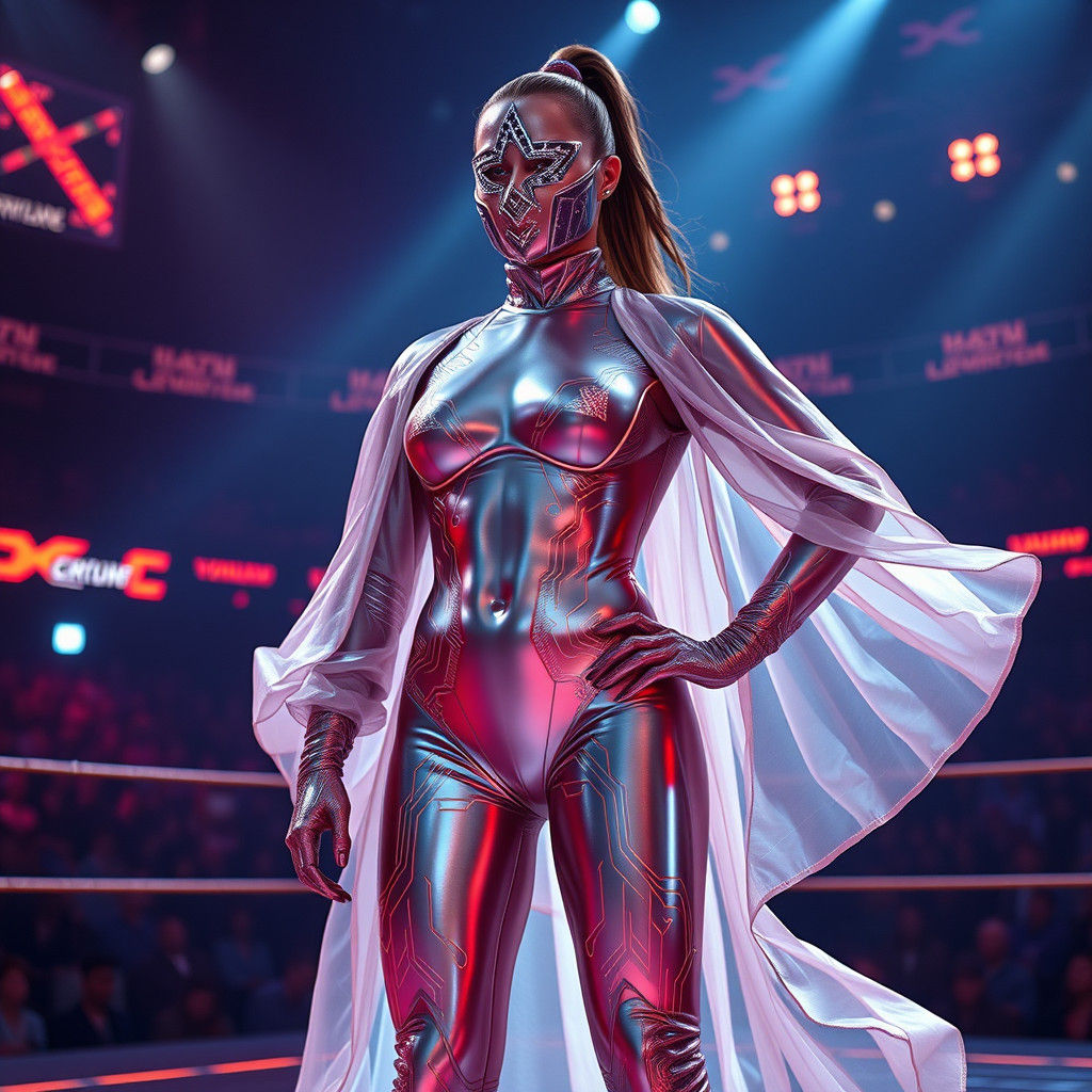 Futuristic Wrestler on Neon Platform in Dark Fantasy Style