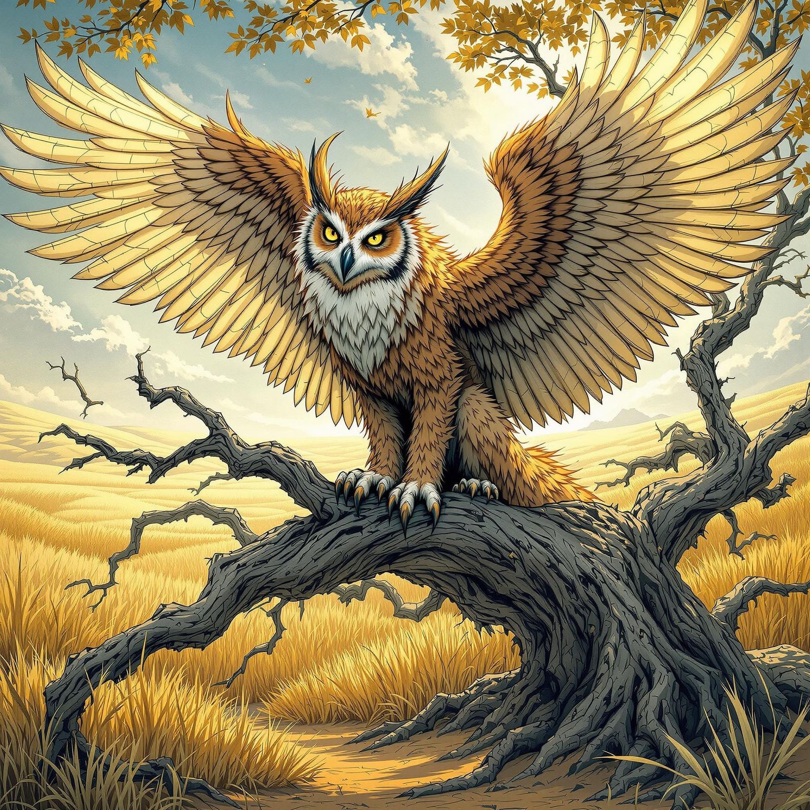 Owl Wolf Hybrid Perched on Oak Branch in Golden Wheat Field
