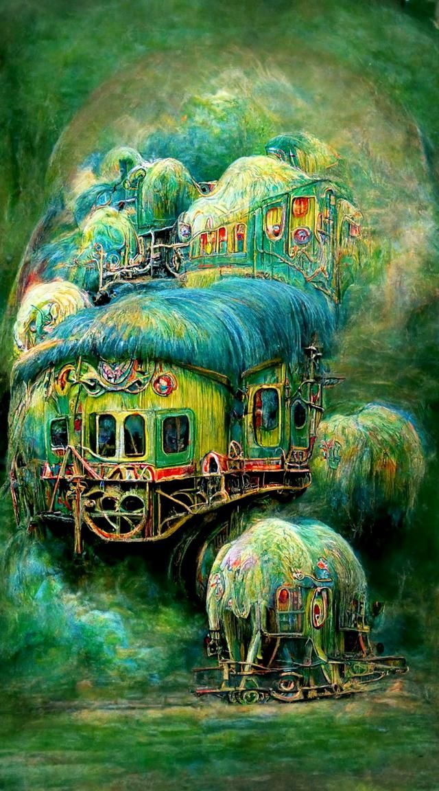Surreal Circus Train in Forest Green
