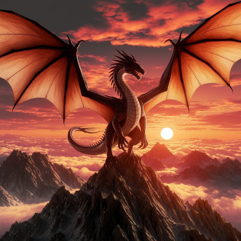 Dragon soars majestically over rugged mountain peak