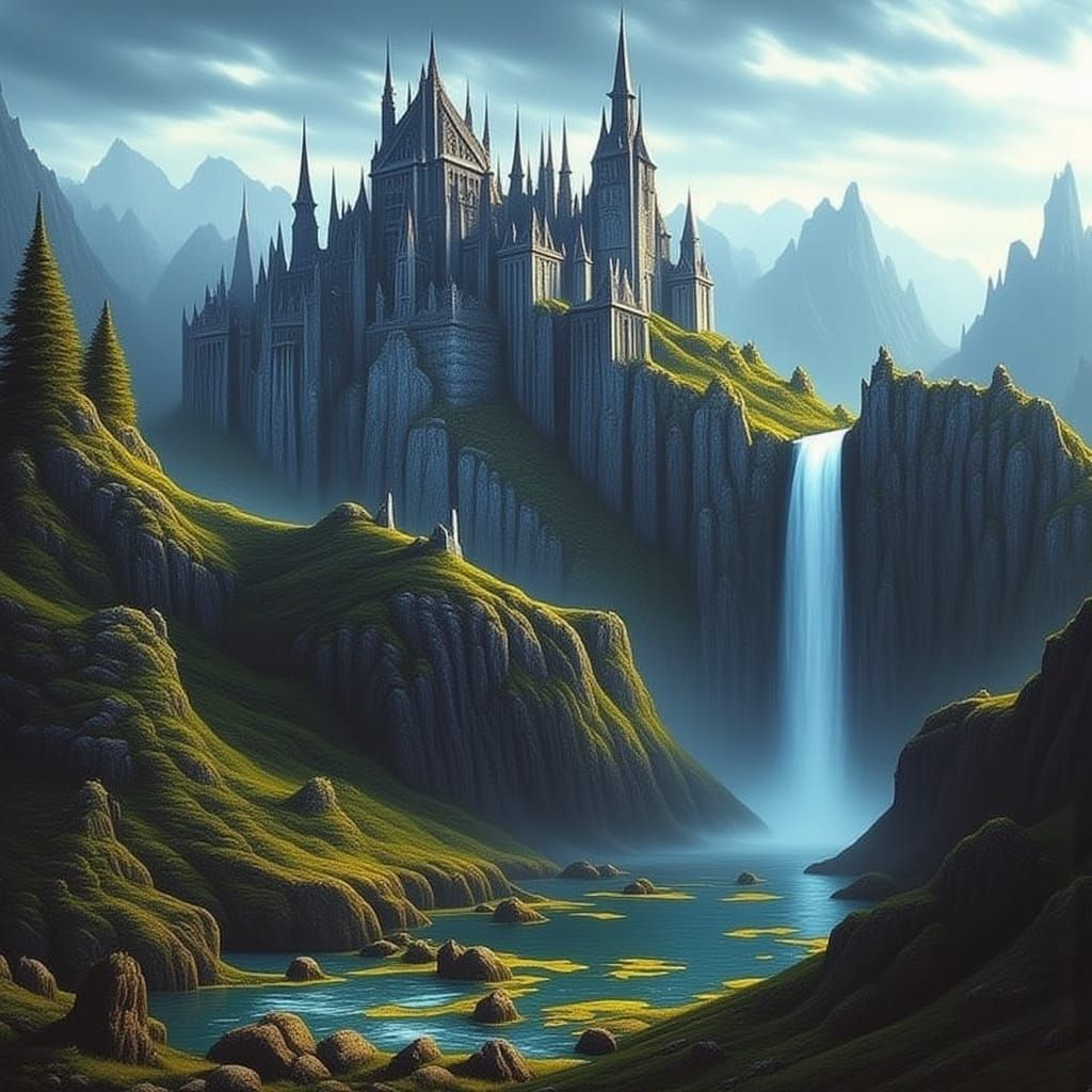 Ethereal Fantasy Fortress Amidst a Majestic Waterfall
