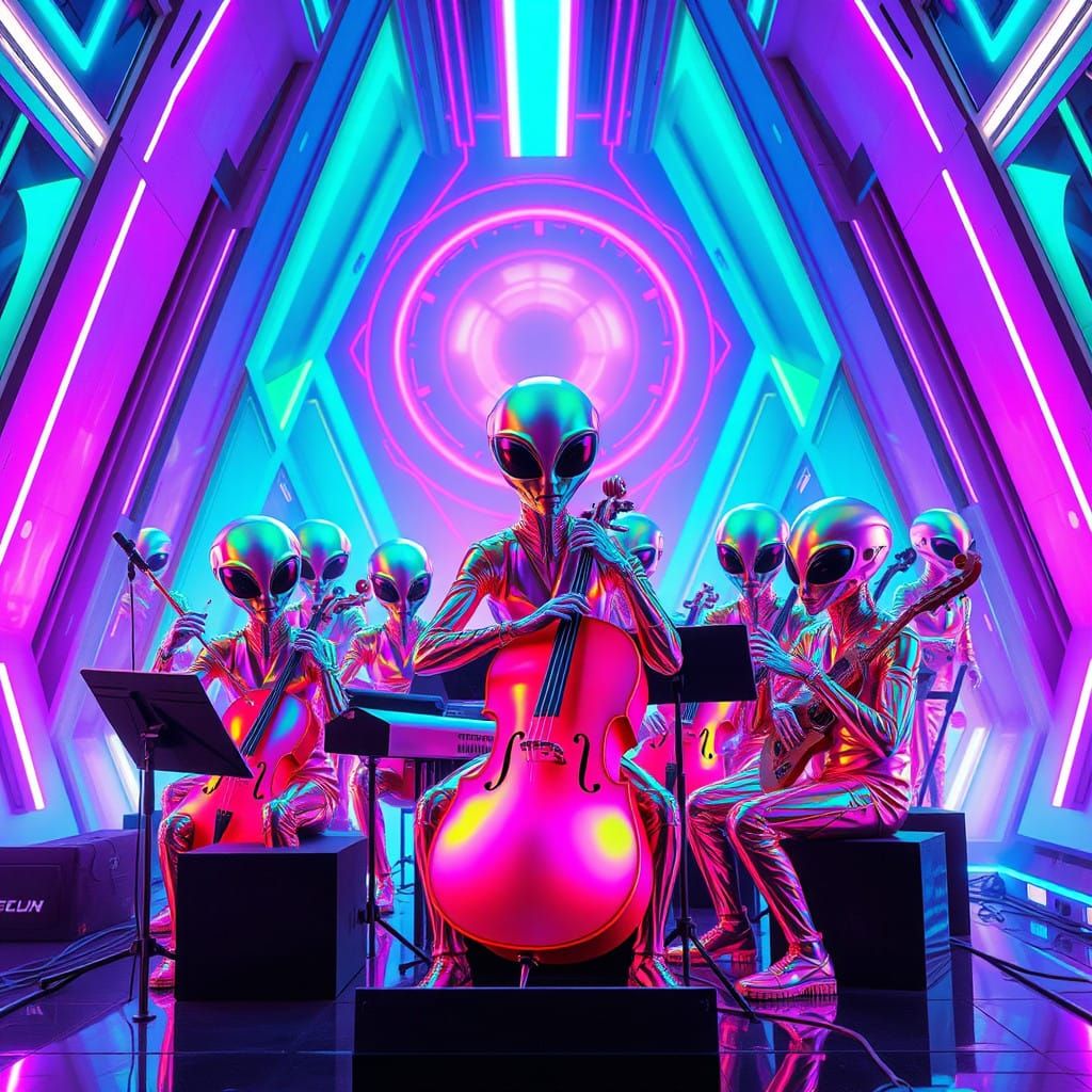 Glowing Alien Orchestra Performs in Futuristic Cityscape