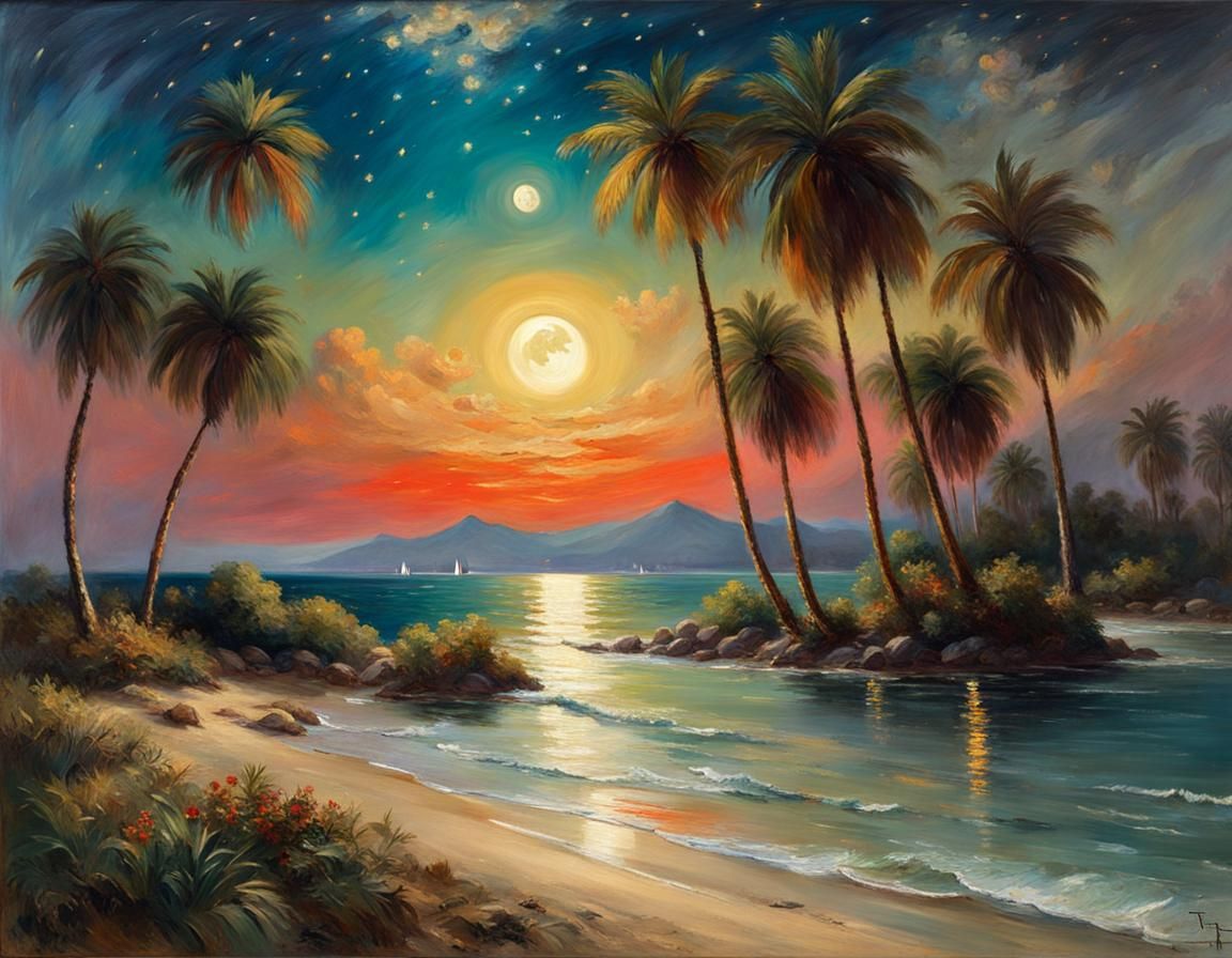 Serene Summer Night Landscape in Impressionist Style