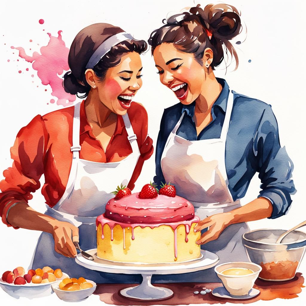 Lesbians Baking a Cake as Watercolor Art
