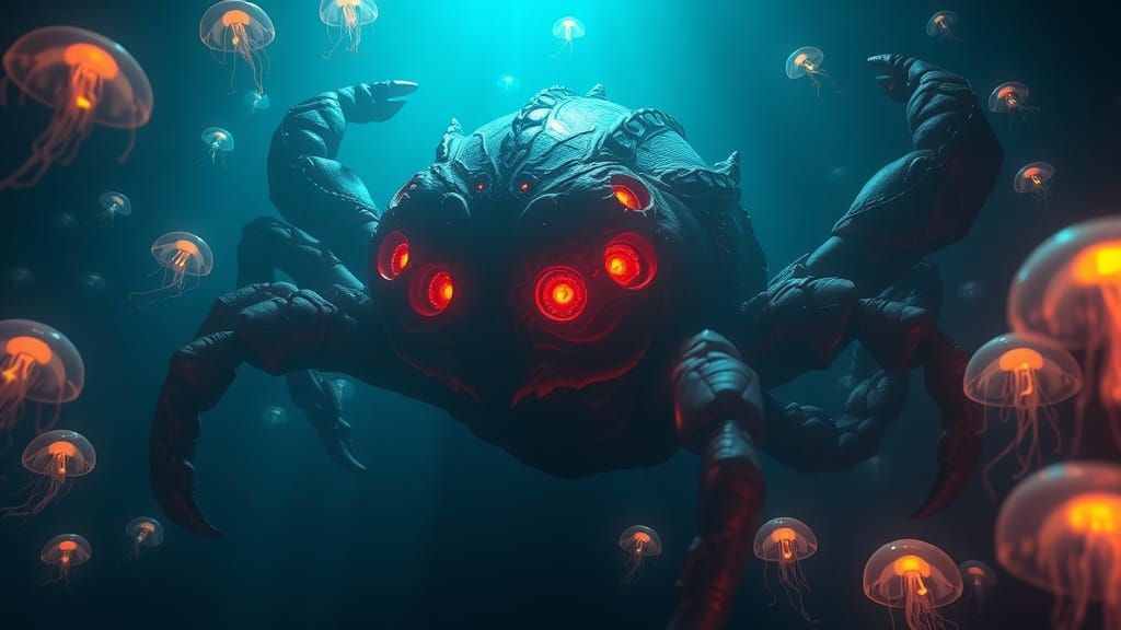 Colossal Mecha Crab in Bioluminescent Deep Sea