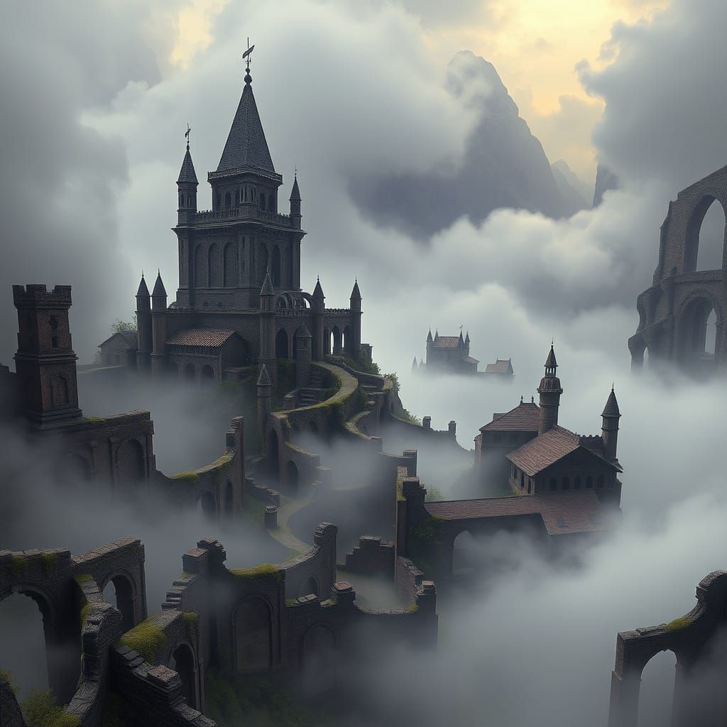 Surreal Foggy Medieval City Ruins in Dark Fantasy Style