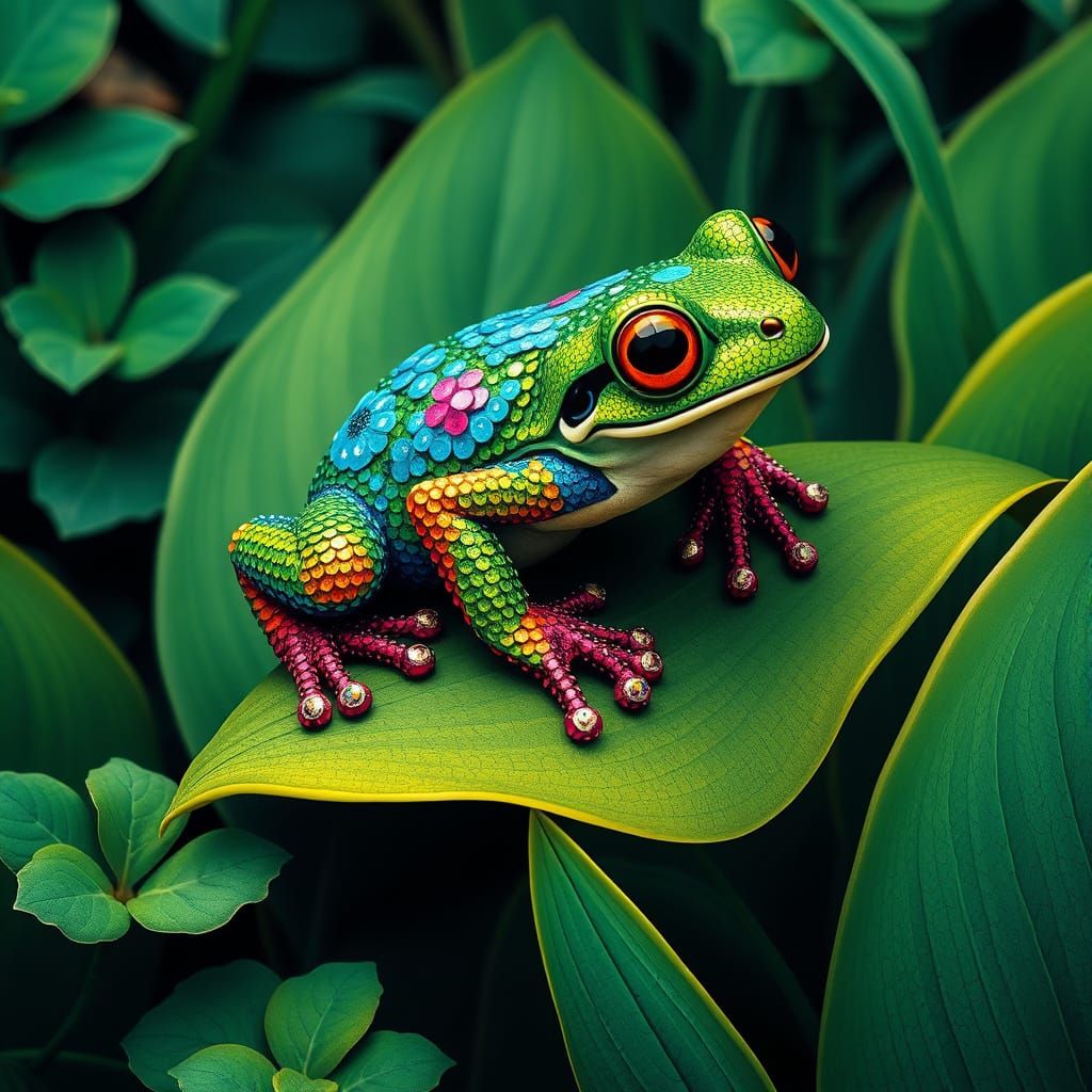 Sequined Baby Frog in Whimsical Art Nouveau Style