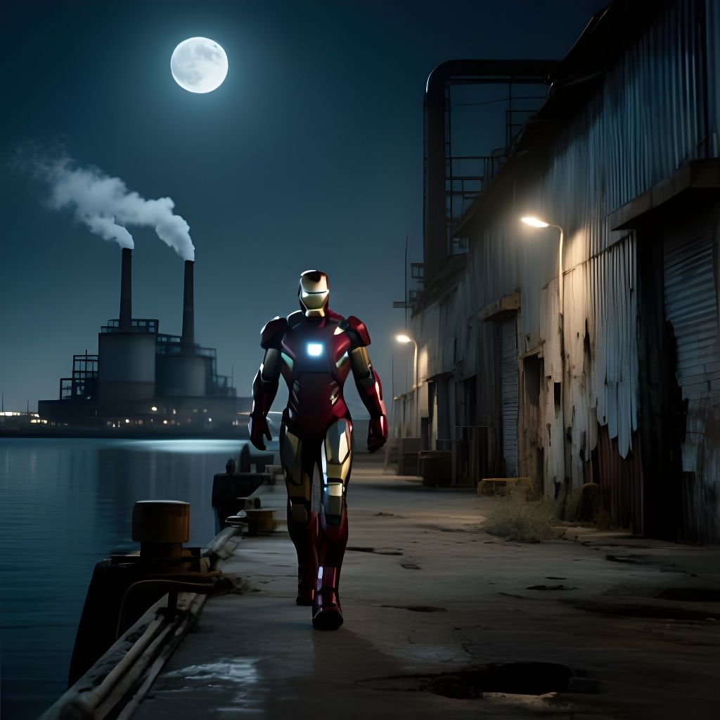 Iron Man on Gritty Industrial Dockside at Night