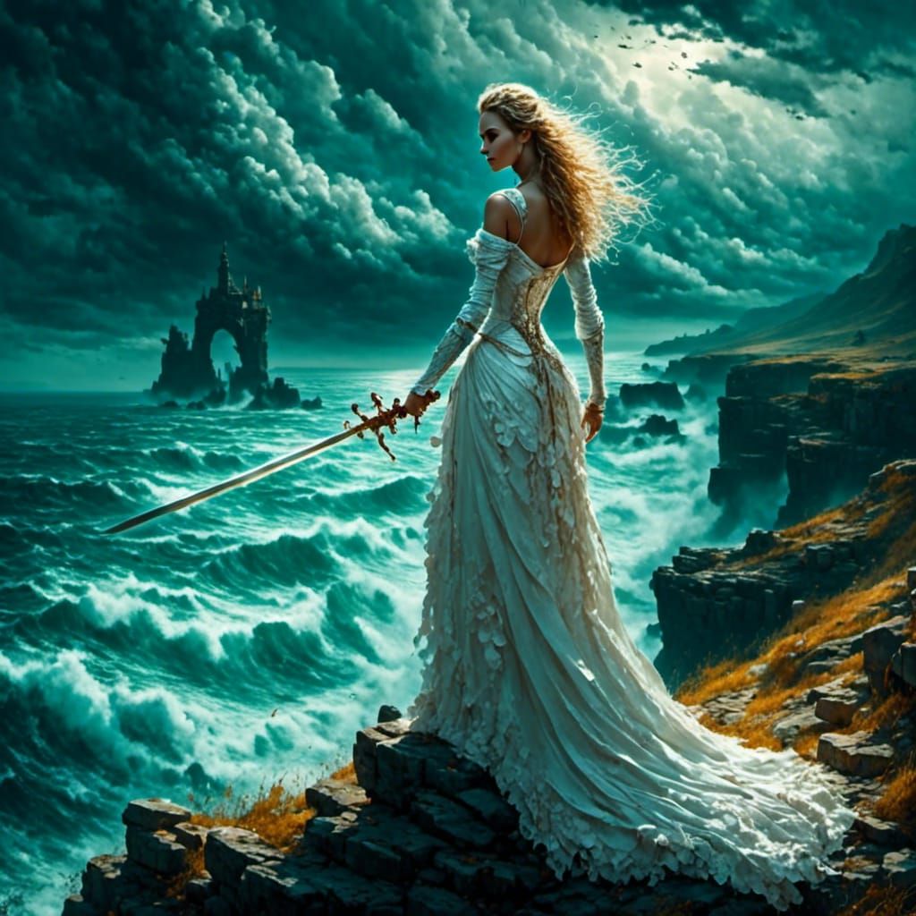 Princess with Sword Overlooking Stormy Sea