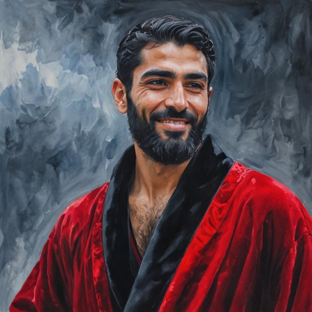 Attractive Man in Red Velvet Robe: Impasto Portrait