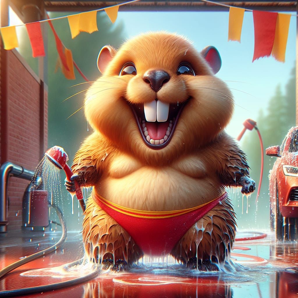 Cute Cartoon Beaver Car Wash Fantasy Concept Art
