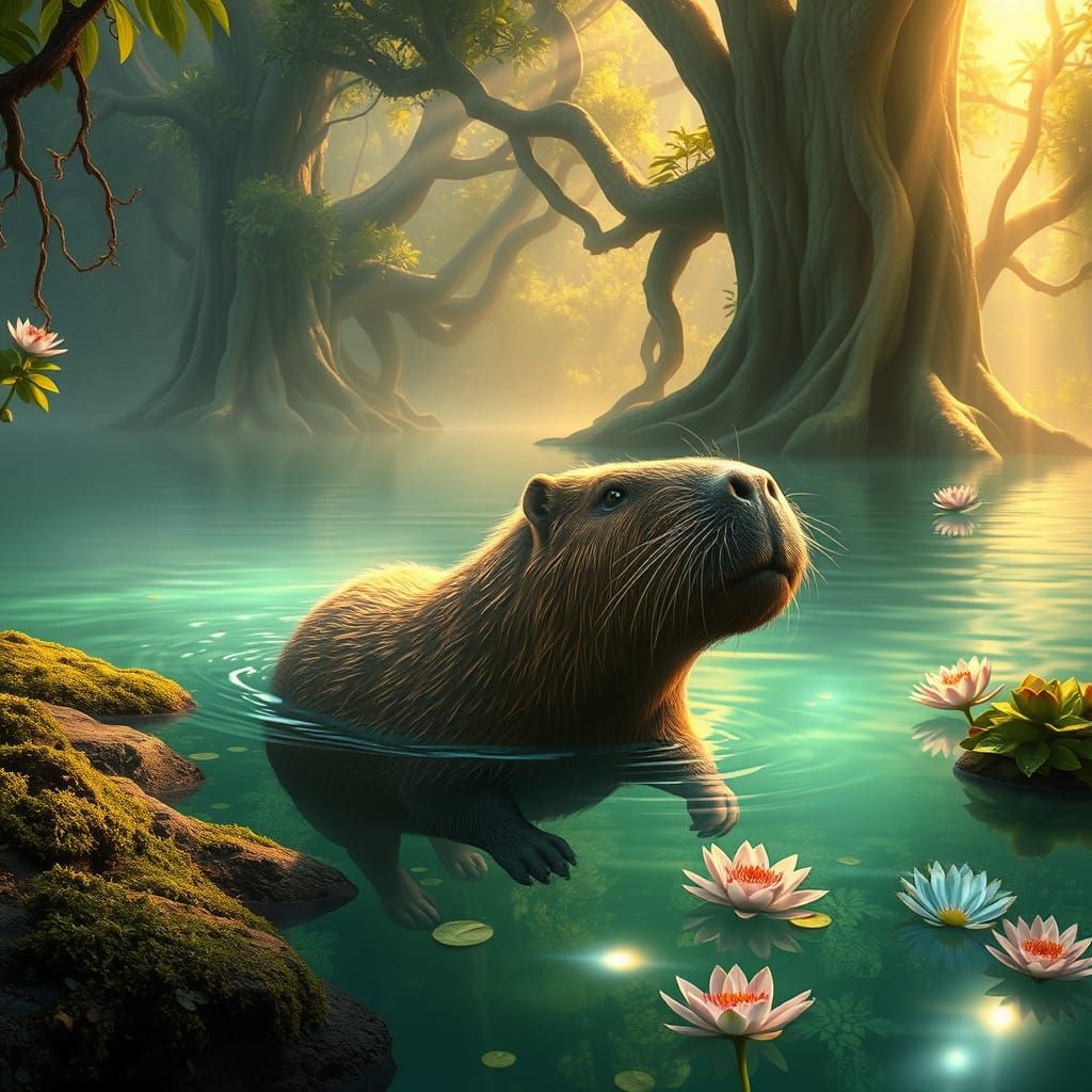 Enchanted Lagoon Scene with Capybara in Dreamlike Realism