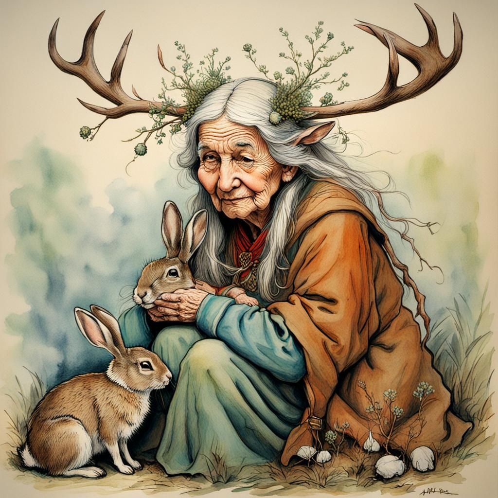 Whimsical Woman with Antlered Rabbit, Rackham Style