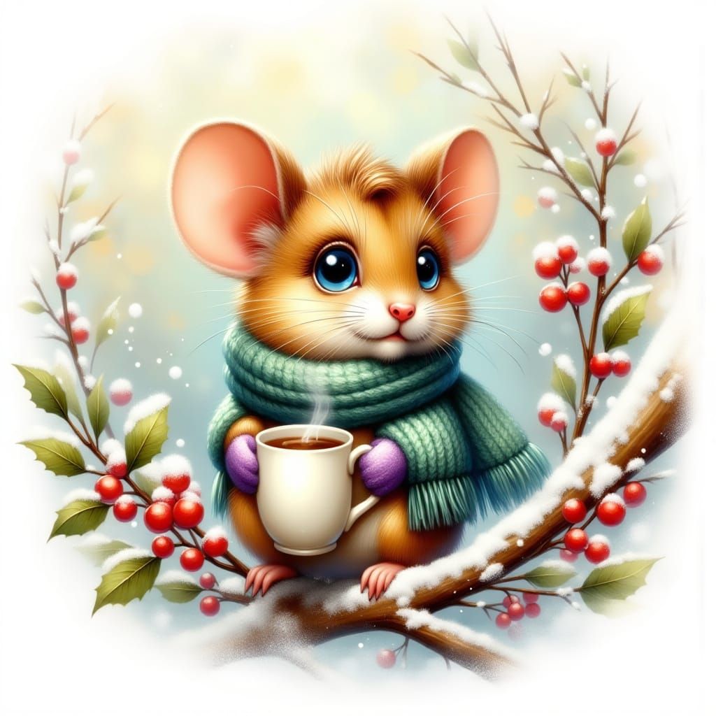 Cute Mouse in Teal Scarf with Hot Drink on Snowy Branch
