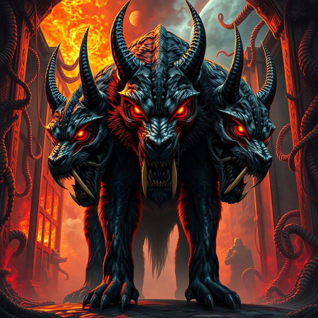 Surreal Hellhound Guards the Underworld Gates in Cyberpunk S...