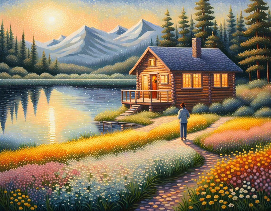 Cabin by Lake in Pointillism Style at Golden Hour