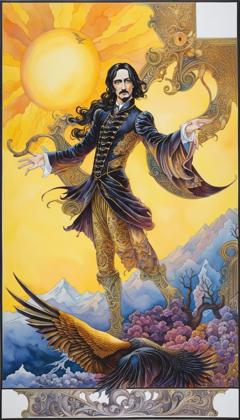 Eerie Edgar Allen Poe as Colorful Tarot Card Art
