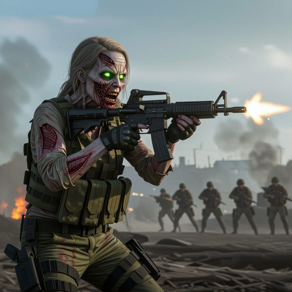 Zombie Warrior Fires Rifle on Post-Apocalyptic Battlefield