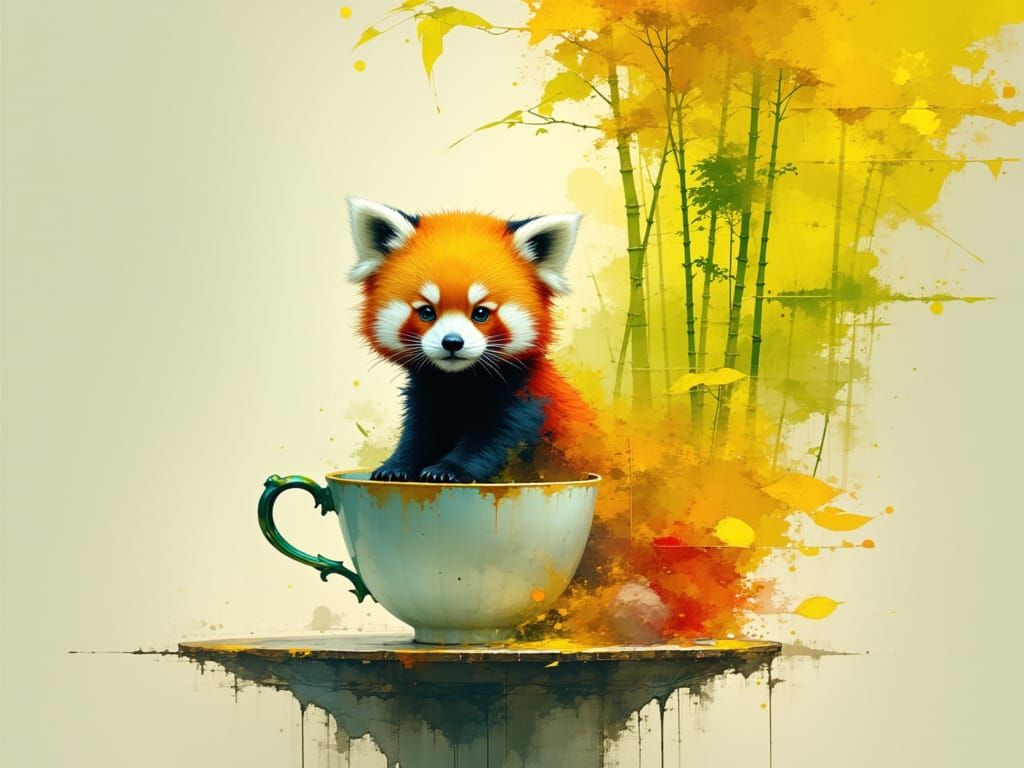 Cute Red Panda in Teacup, Magical Bamboo Forest