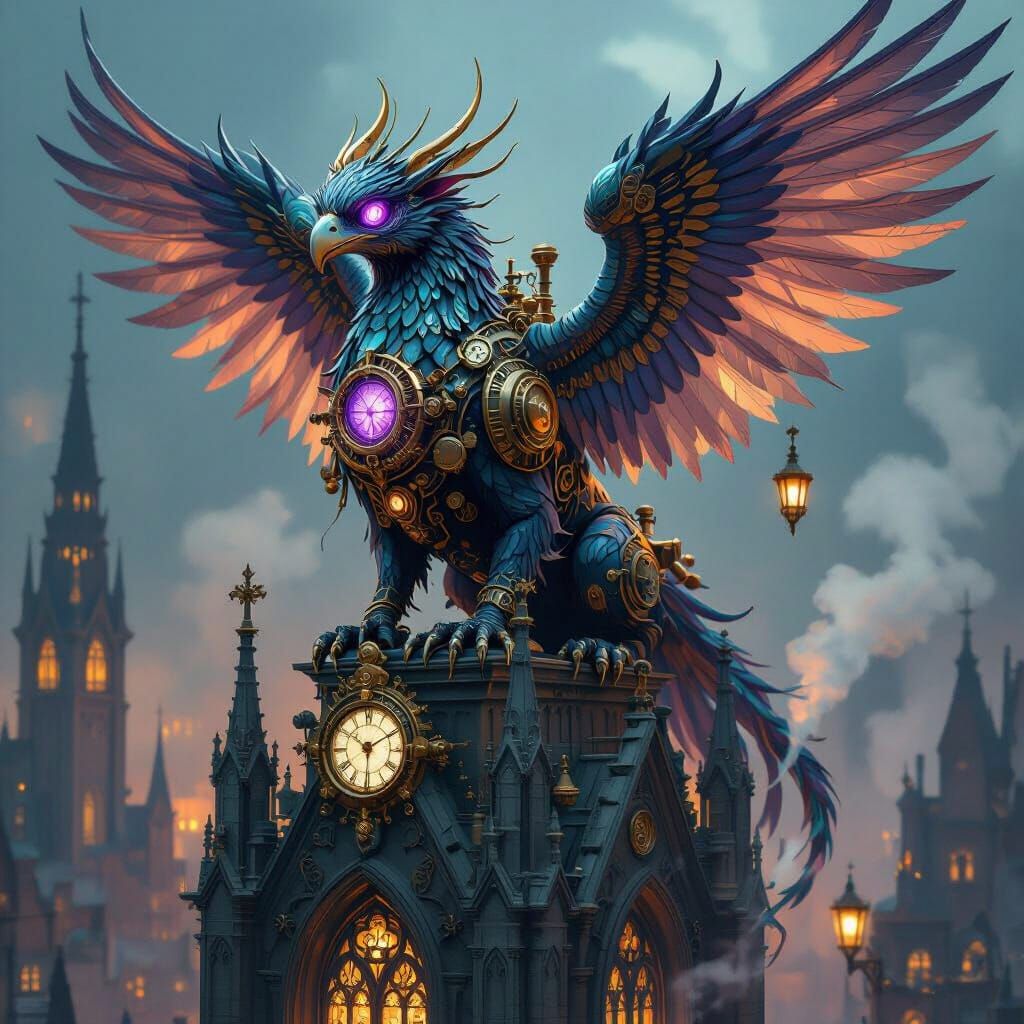 Clockwork Griffin with Amethyst Eyes in Steampunk City