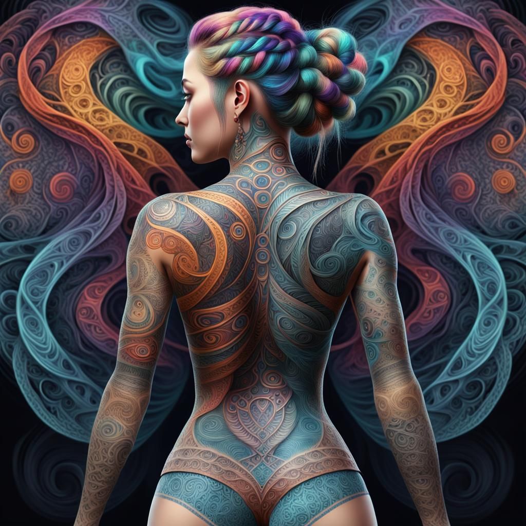 Tattooed Woman's Back with Viking Runes in 3D