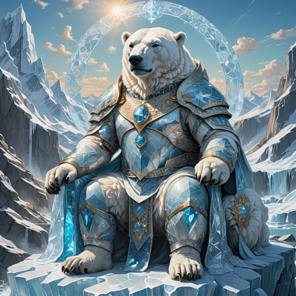 Polar Bear King on Ice Throne, Holographic Illustration