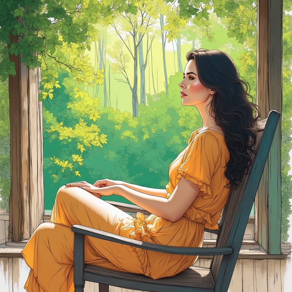 Woman in Rocking Chair Gazes at Sunlit Forest in Watercolor ...