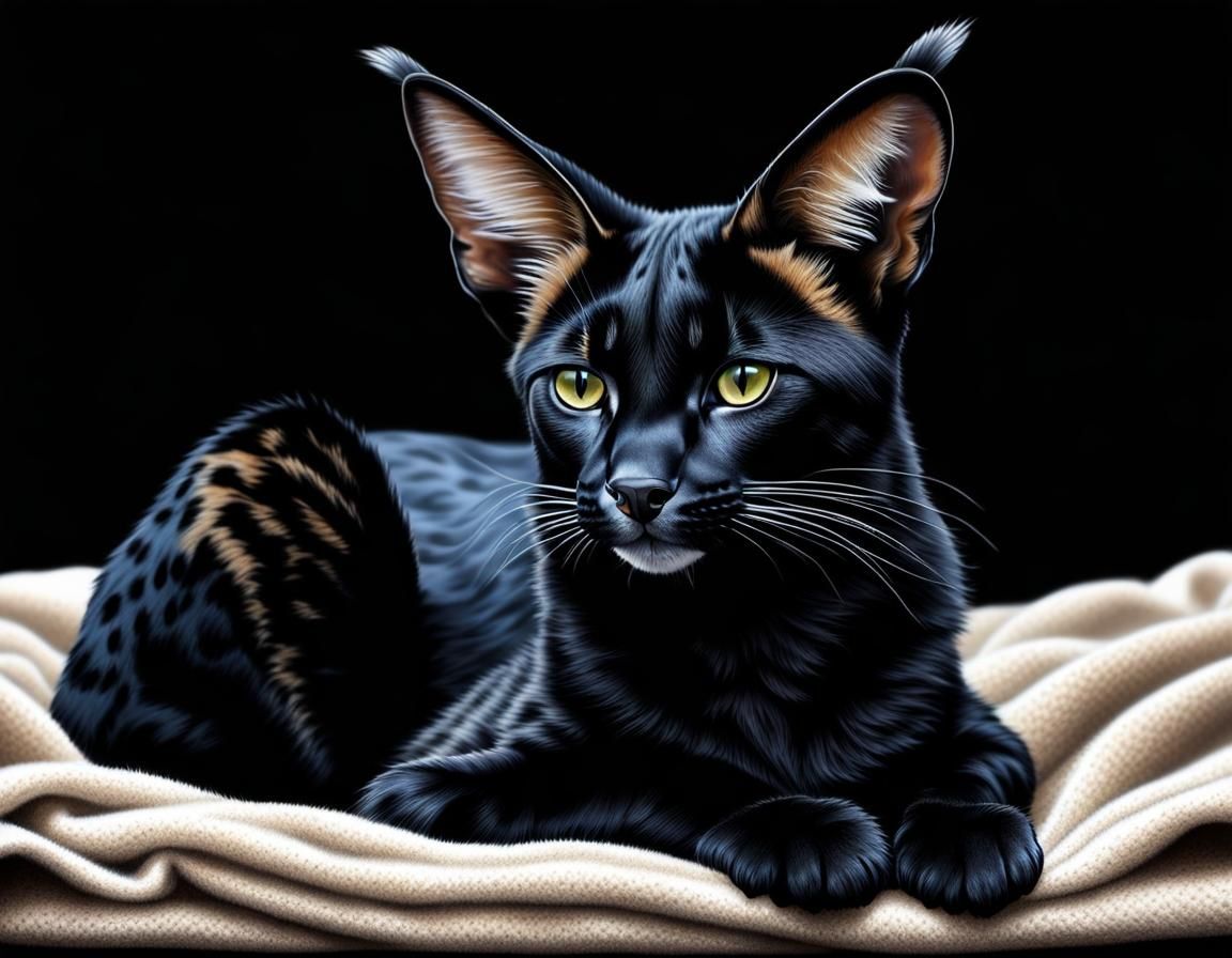 Resting Melanistic Serval Cat in Hyperrealistic Style