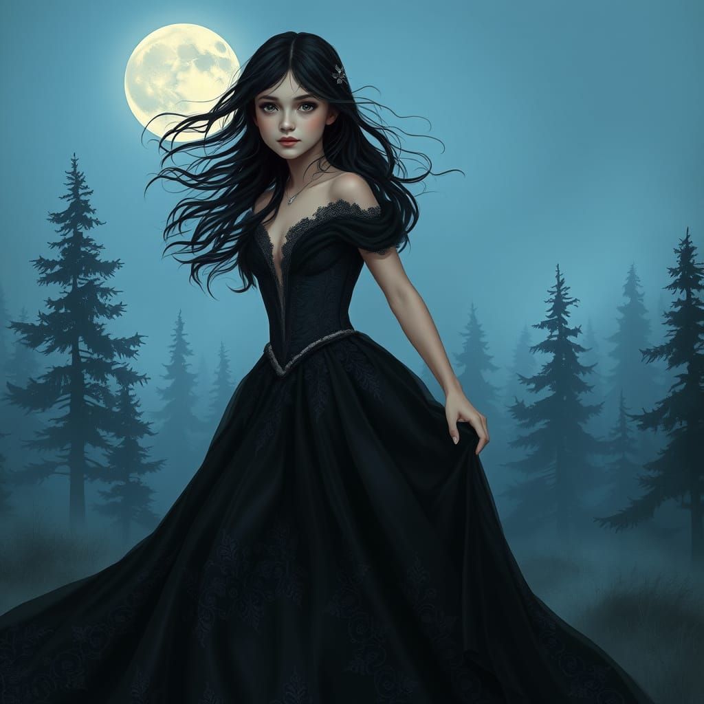 Mysterious Princess in Moonlit Forest
